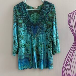 Energie Teal and Green Patterned Blouse